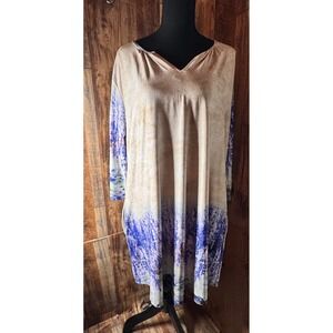 Simply Aster Firmiana Tunic‎ Dress Women's 1X Beige Blue Landscape Print
